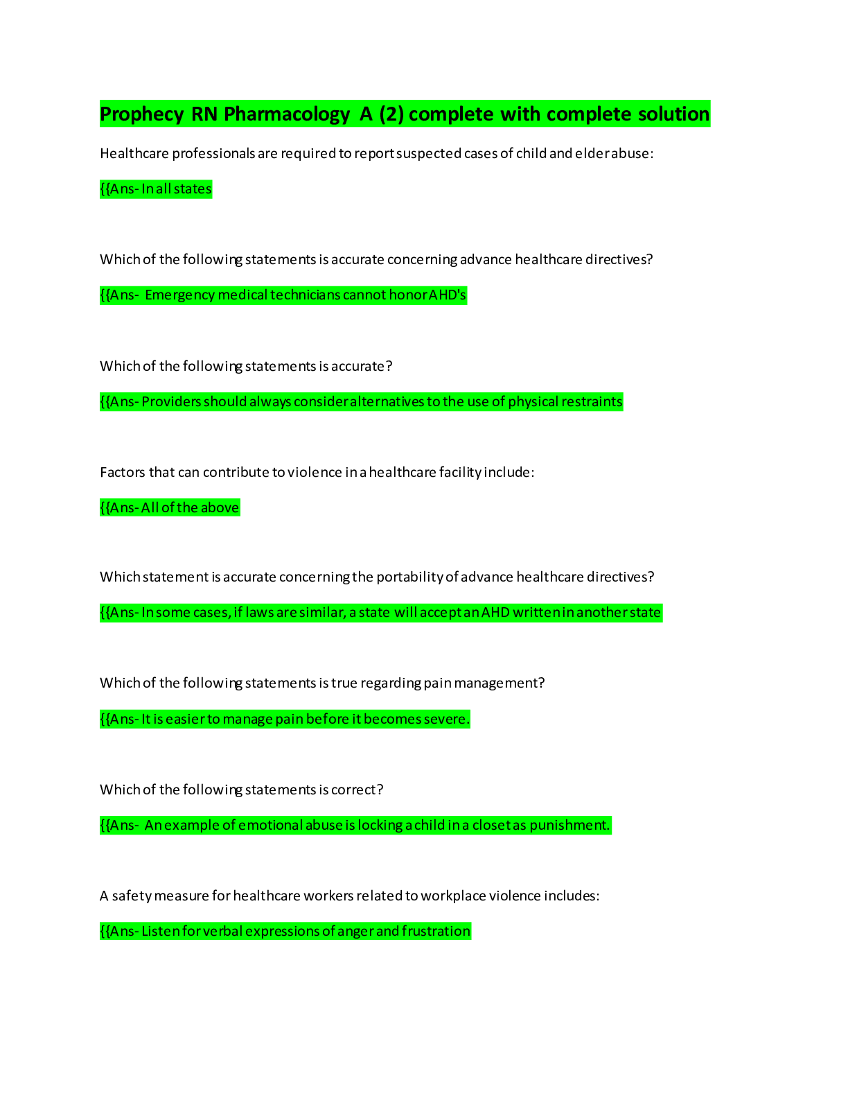 Preview image for Prophecy RN Pharmacology A (2) complete with complete solution